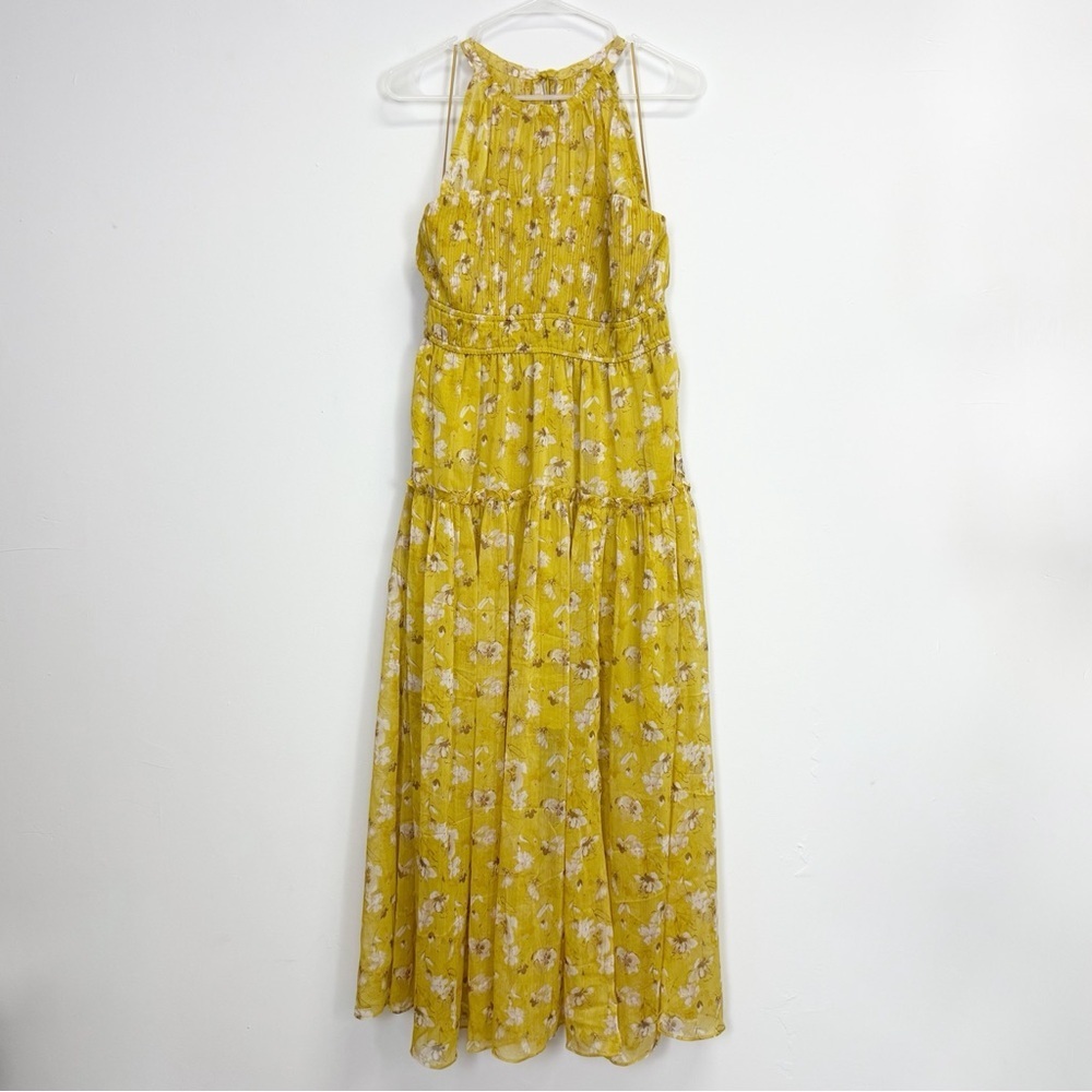 Astr The Label Dress Womens Large Yellow Mustard Floral Maxi Halter Pleated Nwot